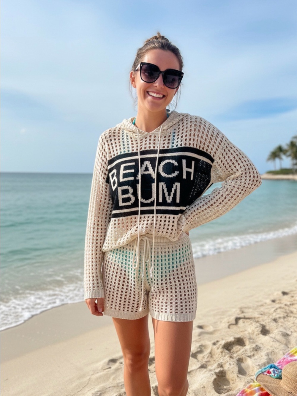 Beach Bum Crochet Hoodie & Shorts Coverup Set - Cream/Black